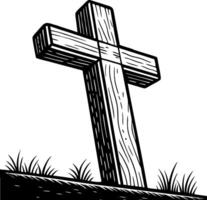 Wooden Cross Grave Marker Surrounded by Grass for Memorial and Tombstone Designs vector