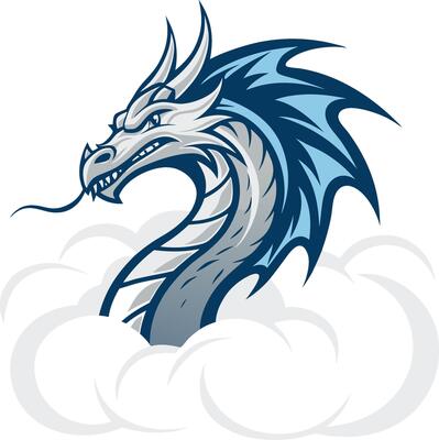 Fierce Blue Dragon Illustration Rising from Clouds for Fantasy Art Projects and Tattoo Designs