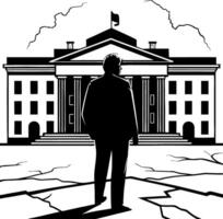 Silhouette of Man Standing Before Government Building with Cracked Ground and Dramatic Clouds vector