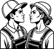 Dynamic Determined Couple in Overalls Facing Each Other Strong Expression Art vector
