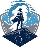 Heroic Figure Overlooking Mountains with Storm Clouds and Lightning for Inspirational Designs vector