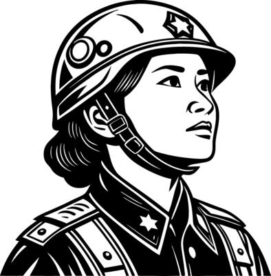 Female Soldier Portrait in Uniform Seated in Profile with Determined Expression