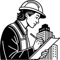 Construction Worker Sketching Architectural Plans with City Buildings in Background vector