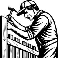 Craftsman Hammering Wood to Build Fence Vintage Style Design for DIY Projects and Crafts vector