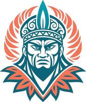 Bold Warrior Tribal Face Illustration with Leaf Patterns for Tattoo and Design Projects vector