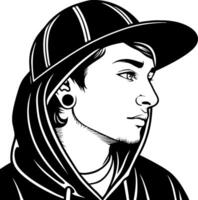 Stylized Profile of a Young Person with Hat and Hoodie in Monochrome Design for Tattoos and Art vector