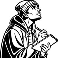 Creative Young Man Sketching in Notebook Capturing Inspiration with Urban Style vector