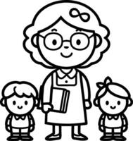 Cheerful Teacher with Two Happy Students in a Fun Classroom Setting for Kids Coloring Pages vector