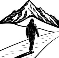 Person Walking on Road Towards Mountains in Minimalist Black and White Art Style vector