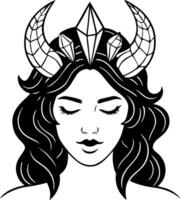 Enchanting Female Figure with Horns and Crystals for Tattoo Design and Projects vector