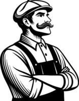 Confident Vintage Male Worker with Mustache Wearing Cap and Overalls in Retro Style Illustration vector