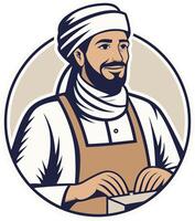 Smiling Man in Traditional Dress with Apron Holding a Box in a Circular Frame vector
