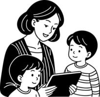 Nurturing Mother Reading Tablet with Kids Engaging in Educational Activity vector