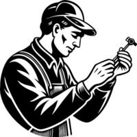 Dedicated Mechanic Inspecting Tools for Precision Work in Classic Vintage Style vector