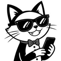 Cool Cat Wearing Sunglasses Holding a Smartphone in a Tuxedo Fun Character Design vector