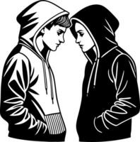 Intense Standoff Between Two Hooded Figures in Stylish Black and White Illustration vector