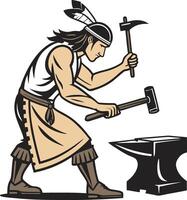 Indigenous Blacksmith Crafting Tools at Anvil with Hammer and Axe Symbolizing Strength vector