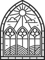 Elegant Gothic Arched Window Design Featuring Sun Clouds and Rolling Hills for Art Projects vector