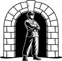 Soldier Guarding Stone Archway in Classic Monochrome Design for Historical Illustrations vector
