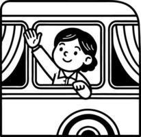Cheerful Child Waving from a Bus Window Ideal for Kids Activities and Coloring Books vector