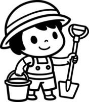 Cute Child Holding a Shovel and Bucket in Gardening Attire Ideal for Coloring Book and Crafts vector