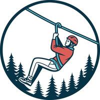 Adventurous Zip Line Rider Surrounded by Scenic Pines for Outdoor Activities and Logo Design vector