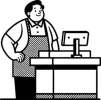 Friendly Cashier Smiling at Checkout Counter Ready to Assist Customers in Retail Environment vector
