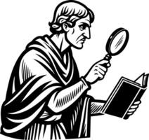 Scholar Analyzing Ancient Text with Magnifying Glass Monochrome Illustration vector