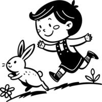 Playful Child Running with Happy Rabbit in a Vivid Garden Scene for Coloring Book Designs vector