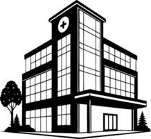 Modern Healthcare Building Exterior with Cross Symbol and Surrounding Trees vector