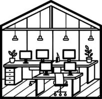 Modern Home Office Interior with Desks Computers Plants and Shelving for Productive Workspaces vector