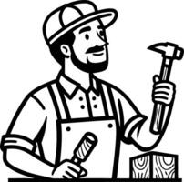 Handyman Holding Hammer and Painting Roller with Wood Block for Craftsmanship and DIY Projects vector