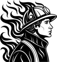 Heroic Firefighter Profile with Flames in Black and White Design for Apparel and Tattoos vector