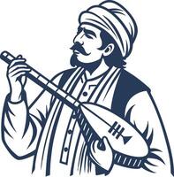 Musician Playing Traditional String Instrument in Cultural Attire for Art and Design Projects vector