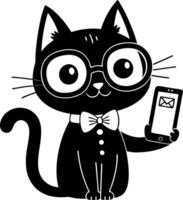 Cute Black Cat Wearing Glasses Holding a Smartphone with Message for Fun Designs vector