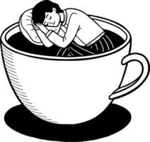 Cozy Cartoon Girl Sleeping in a Large Coffee Cup Ideal for Coloring Book and Art Projects vector