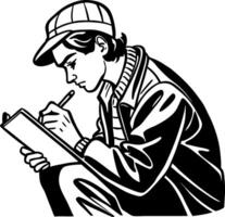 Thoughtful Young Man Sketching in Notebook Wearing a Hat and Jacket for Creative Projects vector