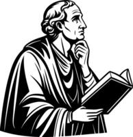 Thoughtful Scholar Holding Book in Classical Attire Ideal for Educational Graphics and Designs vector