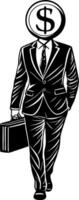 Businessman with Dollar Sign Head Walking in Suit Symbolizing Wealth and Corporate Success vector