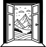 Open Doorway to Scenic Mountain Landscape with Clouds and Trees for Relaxing Art Projects vector