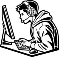 Focused Gamer Wearing Headset Engaged in Online Battle with Computer Setup vector