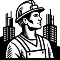 Builder Construction Worker Portrait with Skyscrapers Symbolizing Strength and Determination vector