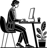 Professional Woman Working at Desk with Computer and Coffee in Modern Office Environment vector
