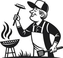 Cheerful Man Grilling Sausages in Retro Style with Smiling Expression and Barbecue Humor vector