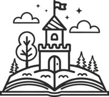 Fairy Tale Castle on Open Book with Trees and Clouds for Storytelling and Coloring Activities vector