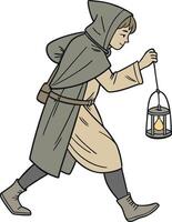 Adventurous Character Holding Lantern in Cloak Walking Through an Enchanted Night vector