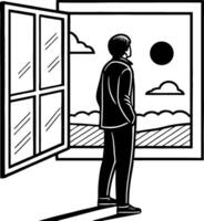Man Standing by Open Window Gazing at Scenic Landscape with Clouds and Sun vector