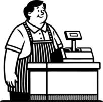 Friendly Cashier Character at Checkout Counter Smiling in Retro Style for Illustrations vector