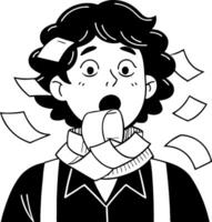Expressive Character Surprised by Flying Papers Featuring Playful Black and White Illustration vector