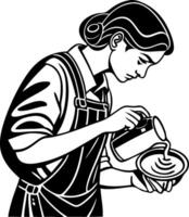 Barista Creating Latte Art Pouring Milk into Coffee Cup with Precision and Skill vector
